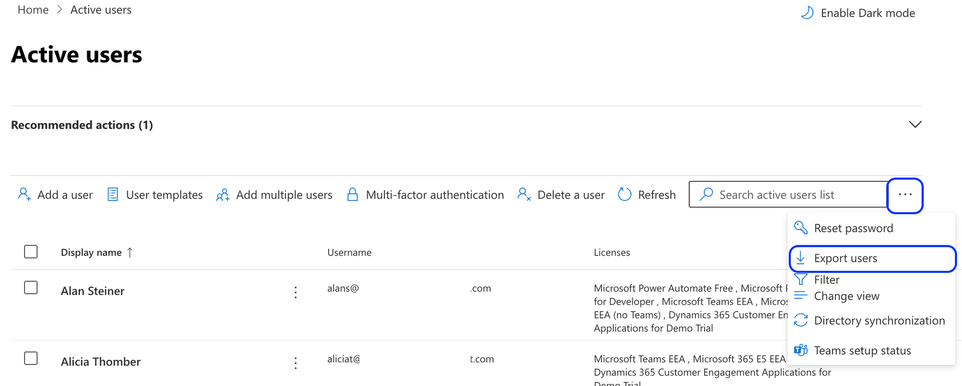 Microsoft 365 Admin Center showing the three dots menu with Export users option highlighted