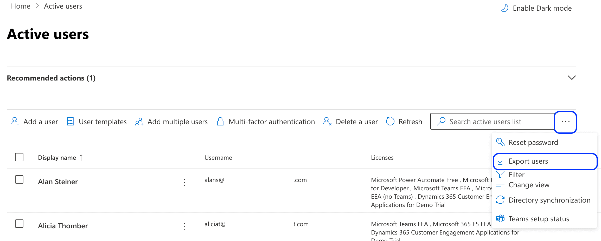 Screenshot of Microsoft 365 Admin Center showing the Export users button